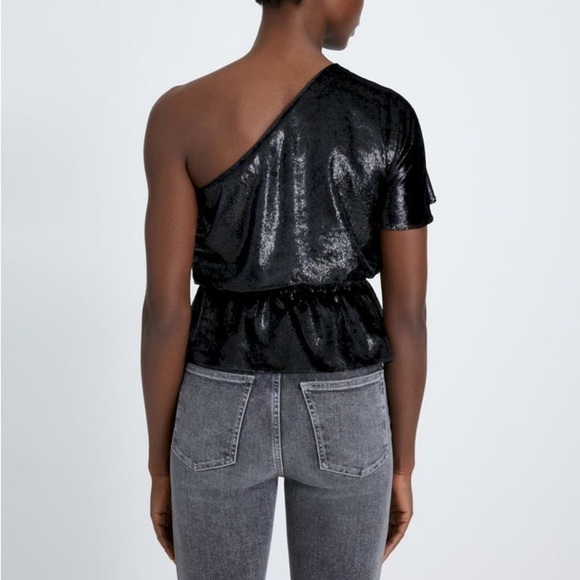 7 For All Mankind ONE SHOULDER RUFFLE BLOUSE IN BLACK SHINE - Size M - Picture 2 of 5